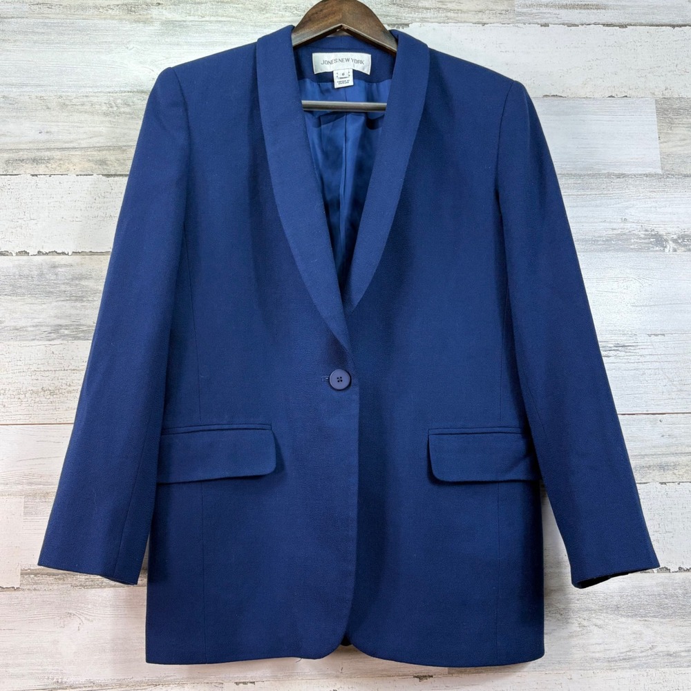 Jones New York Womens Royal Blue 100% Worsted Wool Shawl Collar Blazer Size 6
